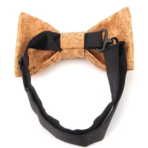 Men stylish wooden cork bow tie detail view showcasing black adjustable strap and secure clasp.