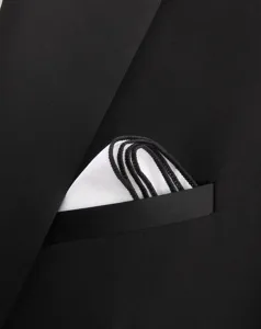 Men's pocket square detail view, white handkerchief with black rolled edge for formal suit.