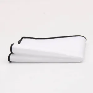 Men's white cotton pocket square with black trim, elegant suit accessory handkerchief.