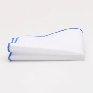 White cotton pocket square with blue stitched edge for men suit formal accessory.