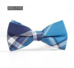 Vue rapprochée d'un nœud papillon à carreaux bleus, accessoire homme style britannique.