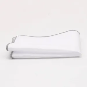 White pocket square with grey trim for men suit detail view, premium cotton fabric accessory.