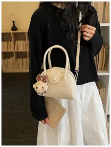 Women casual PU leather bowling shoulder bag with cute bear pendant, stylish daily handbag