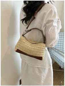 Sac bandoulière femme en paille tressée garniture cuir marron sac oreiller décontracté