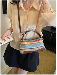 Sac bandoulière en paille rayé arc-en-ciel pour femme sac oreiller tissé mode été