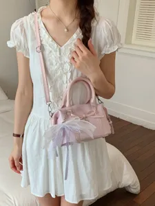 Pink sweet style women handbag crossbody bag with bow and tulle ribbon pendant for summer daily