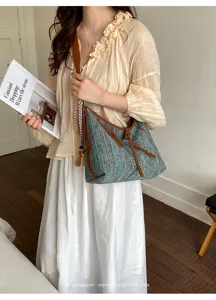 Zomer stro geweven emmer tas vrouwen stijlvolle enkele schouder retro casual tas