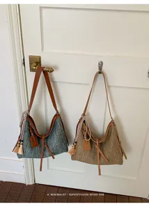 Gevlochten stro schoudertas voor dames zomer strand hobo emmertas met stijlvolle kwast