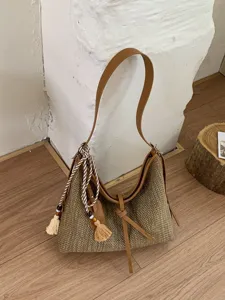 Vrouwen Zomer Strand Stro Geweven Emmer Tas Casual Woon-werkverkeer Schouder Crossbody Tas Met Kwast Hanger Mode Handtas