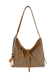 Gevlochten strooien schoudertas voor dames, zomer strand mode casual emmer handtas met kwastjes.
