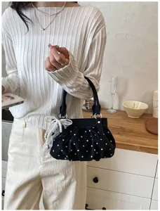Chic pleated polka dot handbag for women, soft leather cloud bag, stylish summer mini bag.