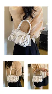 Chic white polka dot ruched handbag with bow and pearl details for women summer style.