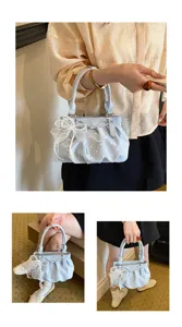 Light blue polka dot ruched handbag with pearl lace bow detail, stylish shoulder crossbody bag.