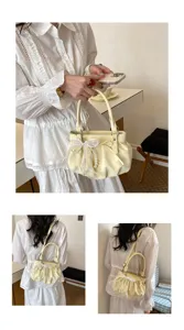 Stylish yellow ruched polka dot handbag for women, soft leather cloud bag with bow & pearls.