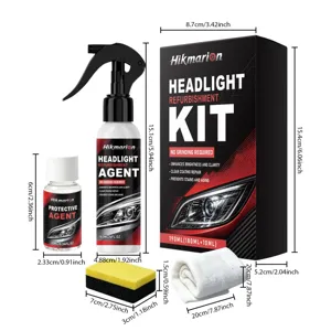 Hikmarion auto koplampen renovatie kit met reparatiespray, beschermend middel en accessoires.