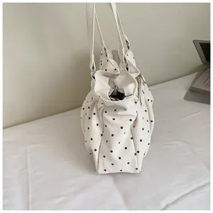 White polka dot pleated shoulder bag, casual slouchy underarm tote bag for women.