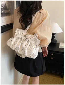 Women white polka dot pleated shoulder bag casual underarm handbag versatile tote bag