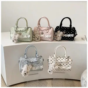 Sweet polka dot lace handbag with cute plush puppy pendant, trendy women pillow bag.