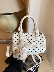Women's Sweet Polka Dot Pillow Bag PU Leather Handbag Cute Lace Edge Crossbody Shoulder Bag With Bow And Pendant