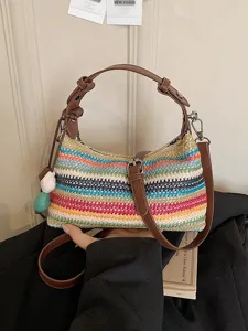 Borsa a Tracolla Estiva in Paglia Intrecciata A Righe Colorate Spiaggia Casual Vacanze Borsa Donna