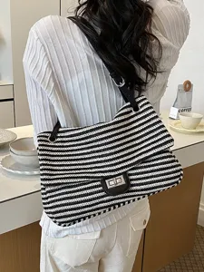 Bolso de hombro grande de paja tejida para mujer, elegante bolso de rayas de verano.