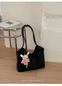 Minimalist black leather tote bag for women with cute knitted pendant spacious retro style shoulder bag