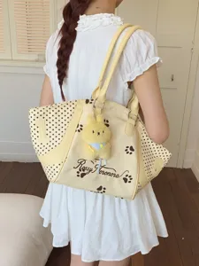 Bolso de hombro amarillo de lunares, gran bolso de trabajo con bonito colgante de peluche.