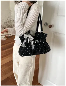 Black polka dot ruffled shoulder underarm bag stylish tote large capacity handbag for women