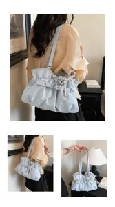 Blue polka dot pleated shoulder bag for women, stylish underarm tote with pearl bow.