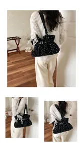 Stylish chic black polka dot pleated underarm shoulder bag with cute lace pearl bow.