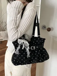 Chic pleated shoulder underarm bag for women, trendy polka dot tote handbag with bow.