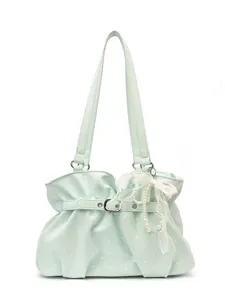 Mint Green Polka Dot Gathered Shoulder Bag Tote Handbag with Elegant Pearl Bow Charm