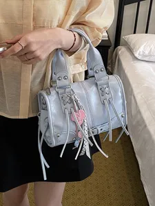 Light blue stylish Boston handbag for women, casual crossbody bag with cute heart charm.
