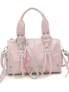 Pink stylish women's PU leather Boston handbag, classic studded design with top handles and strap.