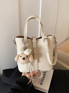 Damen Mode PU Leder Litschi Muster Beuteltasche Lässig Pendler Einzelne Schulter Umhängetasche Handtasche Mit Süßem Anhänger