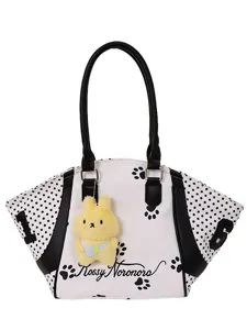 Bolso de hombro elegante con estampado de lunares y colgante de peluche para mujer.