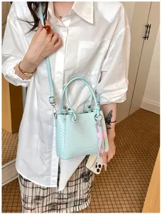 Stylish light blue woven bucket bag for women, chic top handle shoulder crossbody handbag