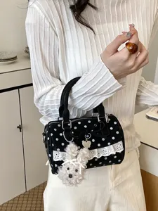 Sweet polka dot Boston bag with lace trim, cute bow and fluffy bunny pendant for women.