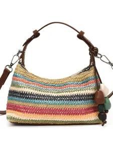Borsa a tracolla in paglia colorata da donna, borsa da spiaggia estiva alla moda con ciondoli.