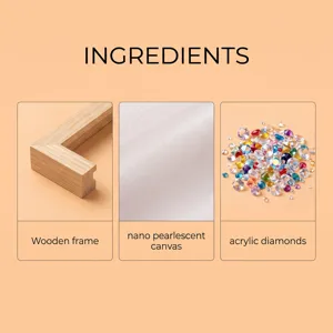 DIY diamond painting kit material display featuring wooden frame, canvas and acrylic diamonds.