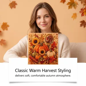 Close-up of autumn harvest diamond painting scene with warm pumpkin and turkey details.