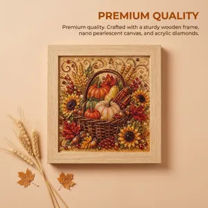 Autumn harvest diamond painting kit with wooden frame, pumpkin and sunflower design decor.