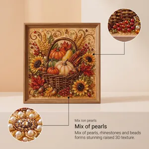 Close-up detail view of autumn diamond painting showing stunning 3D texture with beads and pearls.