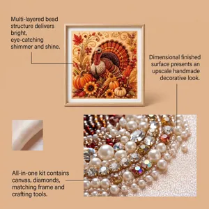 Autumn turkey bead painting DIY kit with canvas, diamonds, frame and tools for home decor.