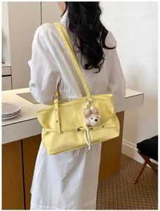 Sac cabas porté épaule en cuir souple jaune pour femme, grand sac fourre-tout.