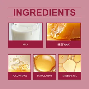 Grafica dettagliata degli ingredienti con latte, cera d'api e oli minerali nutrienti.