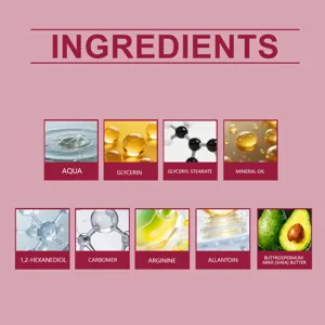 Vista dettagliata dei principali ingredienti per la cura della pelle come glicerina e aqua.