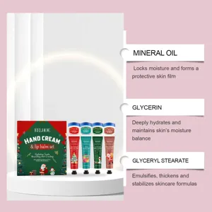 Dettaglio del set crema mani e balsamo labbra natalizio con ricca formula idratante.