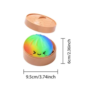 Rainbow squishy bun toy with cute steamer basket, stress relief cute toy 9.5x6cm size.