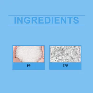 Detailed view of toy material ingredients showing premium PP and TPR plastic granules.